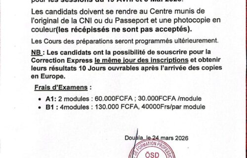 Inscriptions ouvertes – Examens ÖSD A1 et B1 à Douala (Avril – Mai 2026)