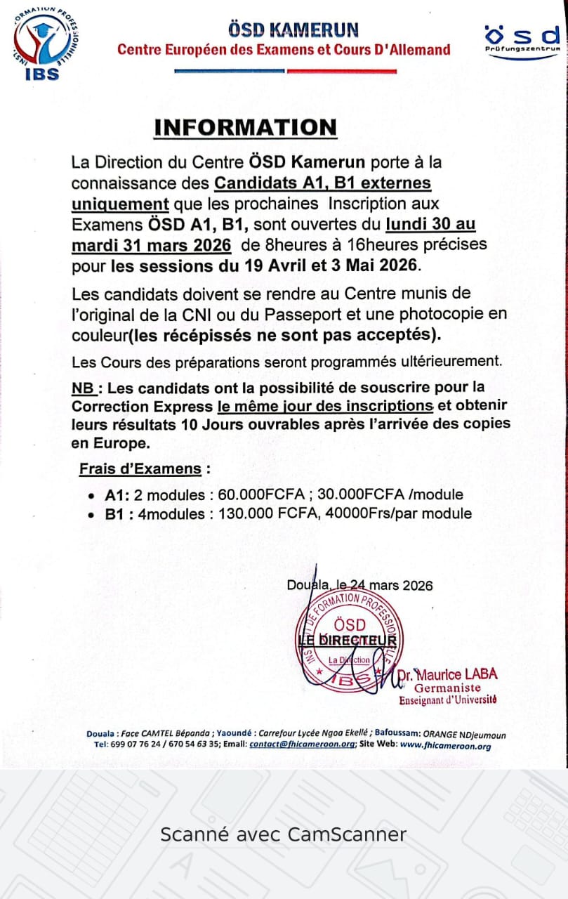 Inscriptions ouvertes – Examens ÖSD A1 et B1 à Douala (Avril – Mai 2026)